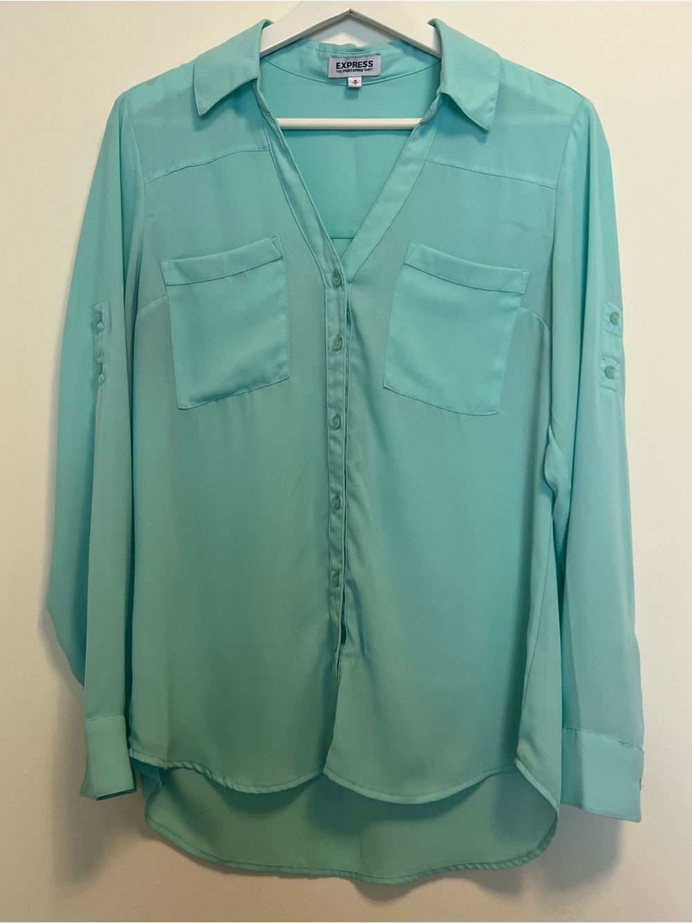 Express Mint Green Button-Front Shirt with Chest Pockets